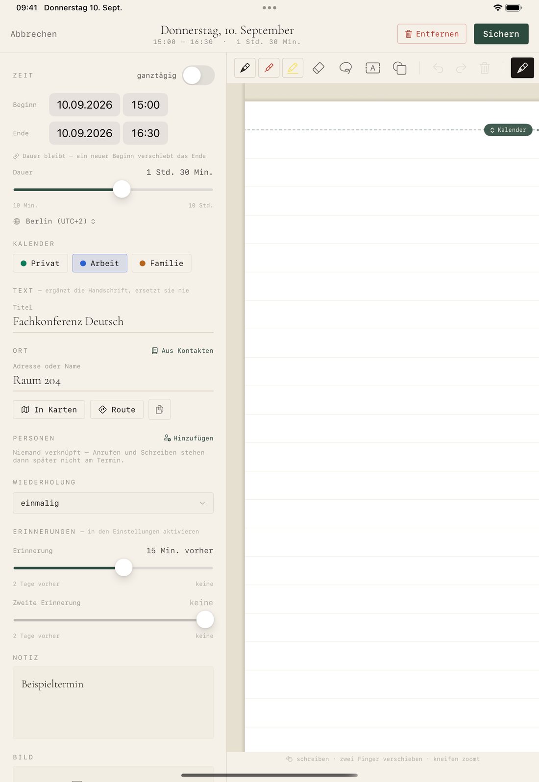Termin-Editor mit Angaben links und Schreibfläche rechts