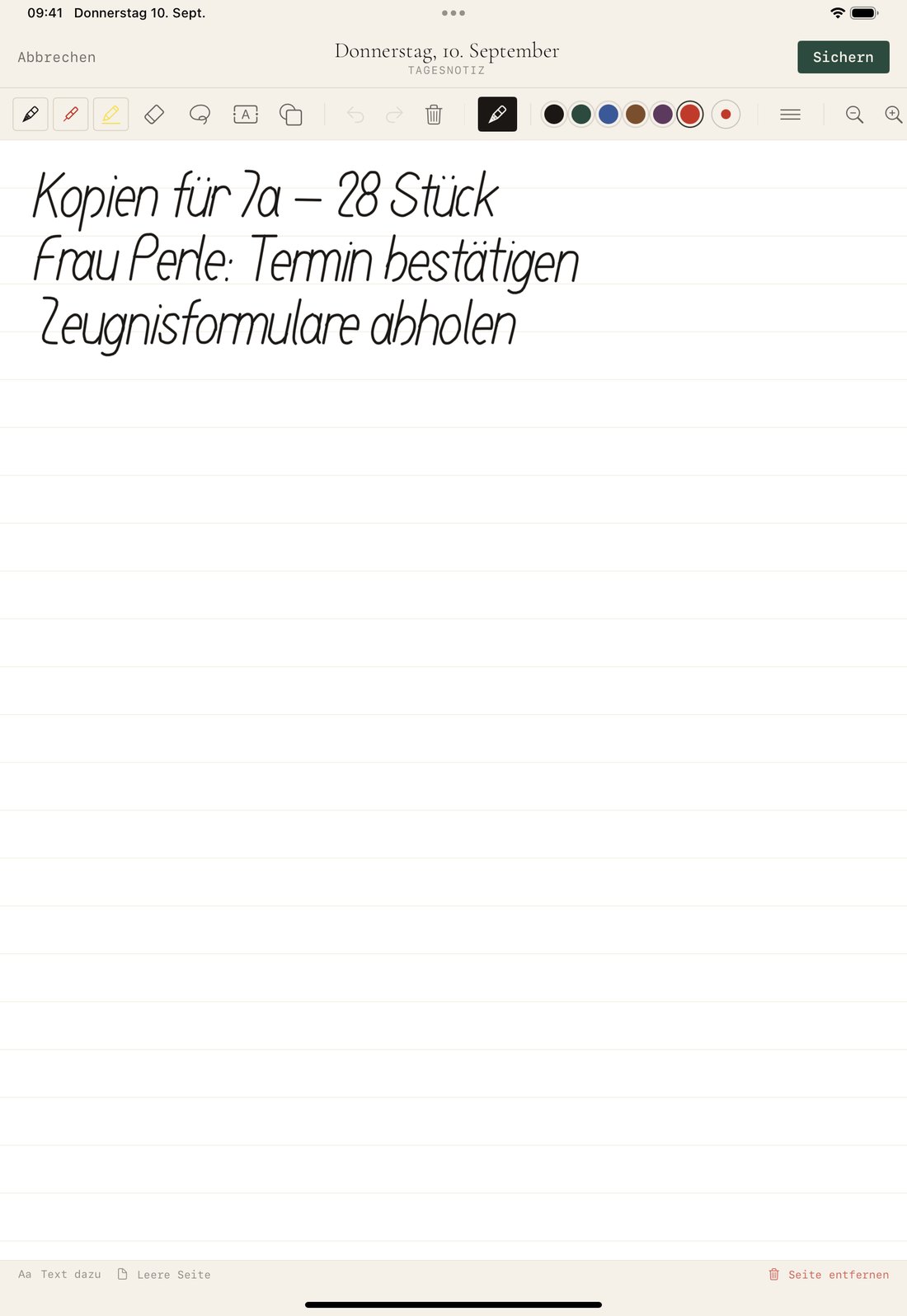Tagesnotiz als linierte Seite mit handschriftlichen Zeilen