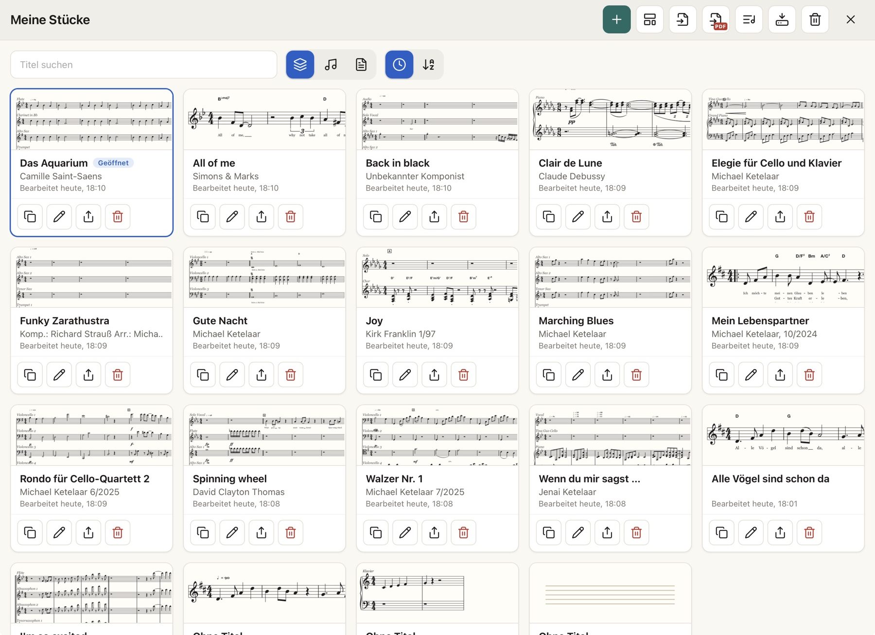 Die Bibliothek „Meine Stücke“: Ein Raster mit Vorschaubildern vieler Stücke, darunter Das Aquarium, Clair de Lune, Rondo für Cello-Quartett 2 und Alle Vögel sind schon da.