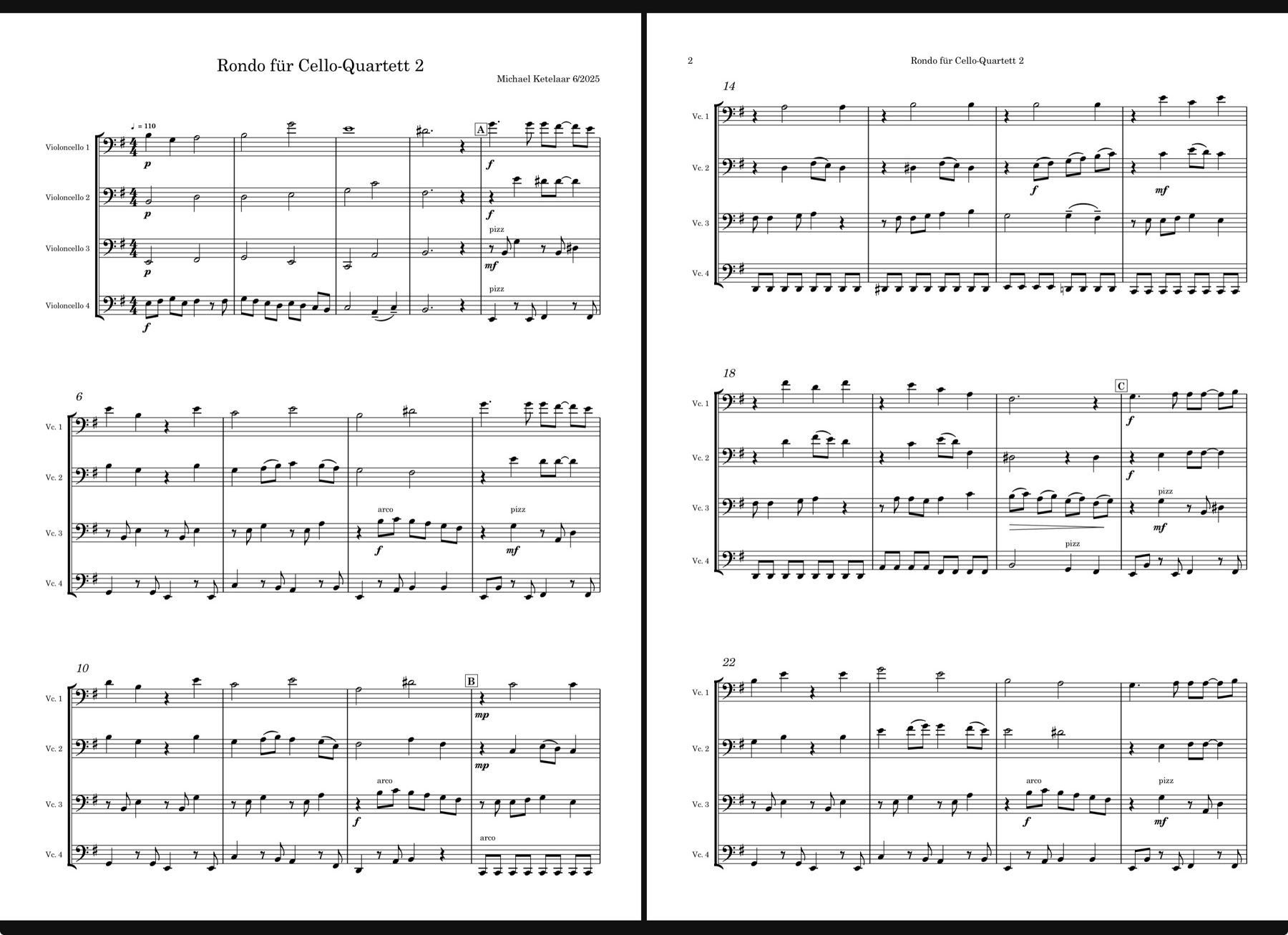 Bühnenmodus: Ein importiertes PDF von „Rondo für Cello-Quartett 2“ im Vollbild, zwei Seiten nebeneinander auf schwarzem Grund.