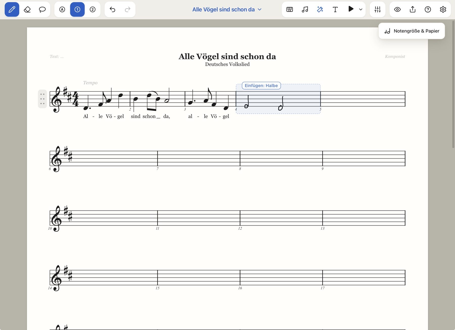 Penna auf dem iPad: Das Lied „Alle Vögel sind schon da“. Die ersten Takte sind bereits gesetzt, im vierten Takt stehen noch zwei handgeschriebene halbe Noten mit dem Hinweis „Einfügen: Halbe“.