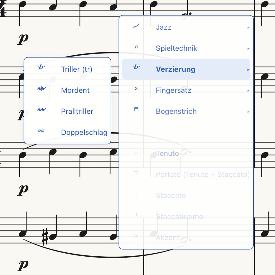 Über einer Note geöffnete Zeichenliste mit Tenuto, Portato, Staccato, Akzent und den Untermenüs Jazz, Spieltechnik, Verzierung, Fingersatz und Bogenstrich; das Untermenü Verzierung zeigt Triller, Mordent, Pralltriller und Doppelschlag.