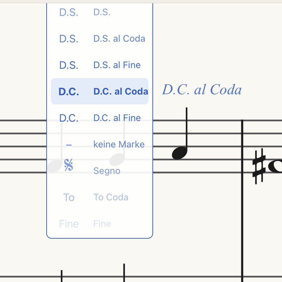 Über dem Taktstrich geöffnete Liste der Sprungzeichen: D.S., D.S. al Coda, D.S. al Fine, D.C. al Coda (ausgewählt und als Vorschau in der Partitur), D.C. al Fine, Segno, To Coda und Fine.